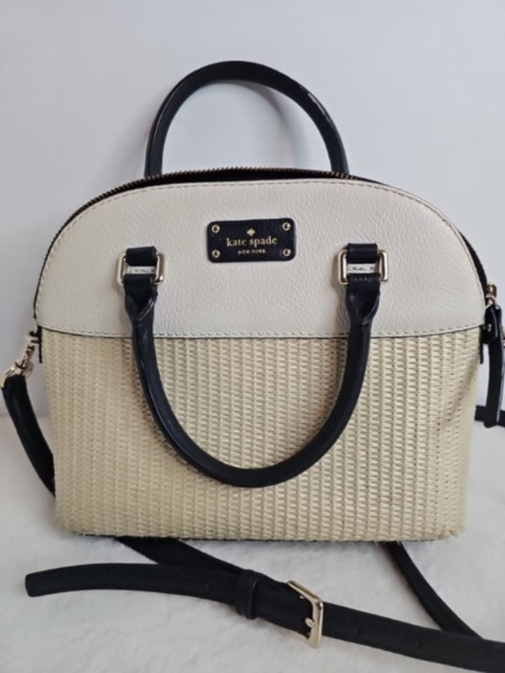 kate spade Cream Woven Dome Satchel with Black Trim